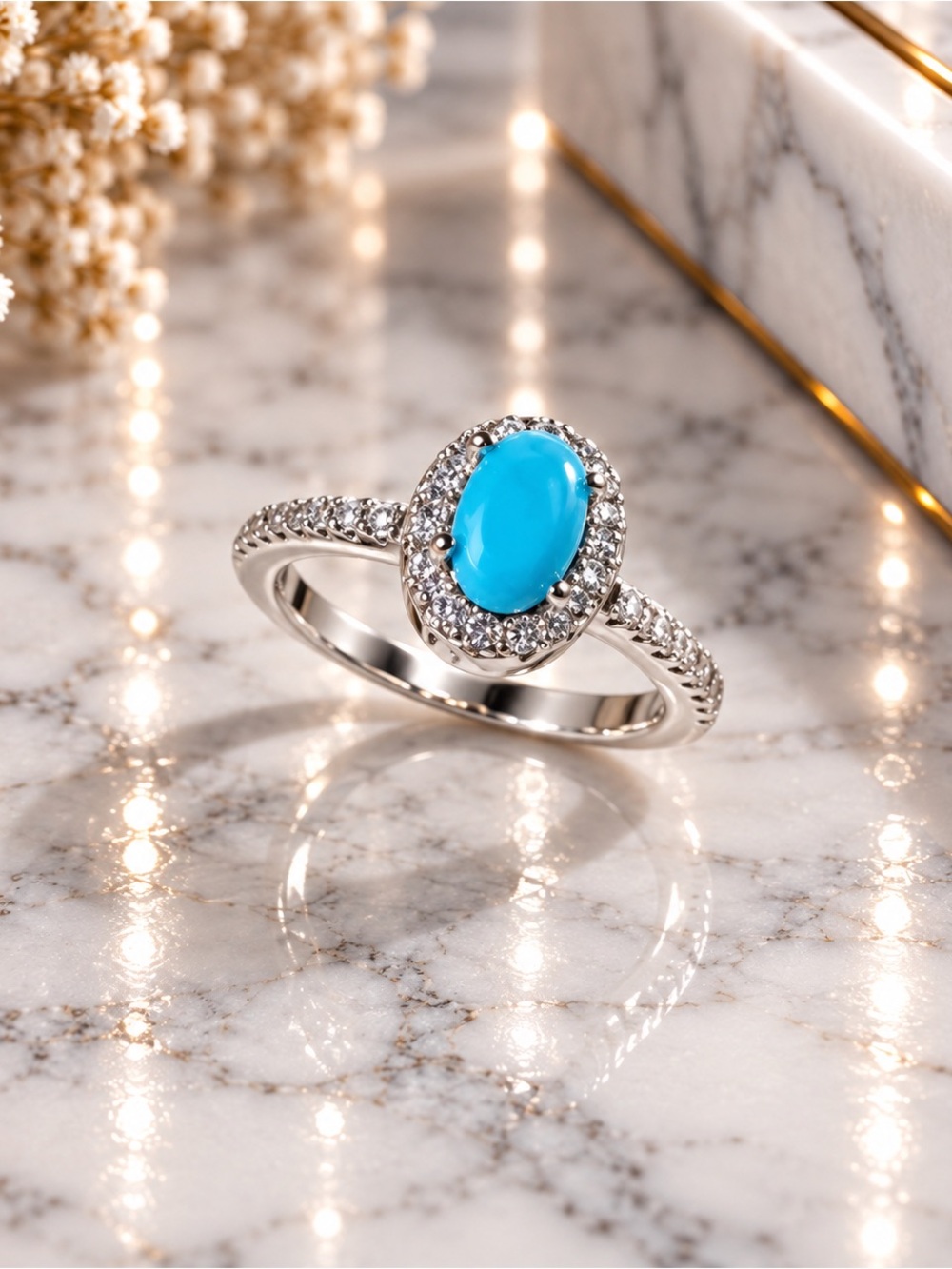 Sterling Silver 925 Turquoise Halo Ring - Bright Blue Gemstone Size 5